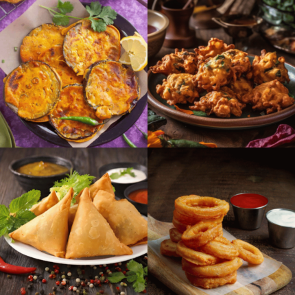 ONION RINGS, BENGAN PAKORA, SAMOSA DI CARNE E VEG, PAKORAJ