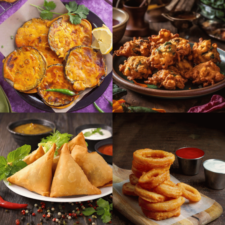 ONION RINGS, BENGAN PAKORA, SAMOSA DI CARNE E VEG, PAKORAJ